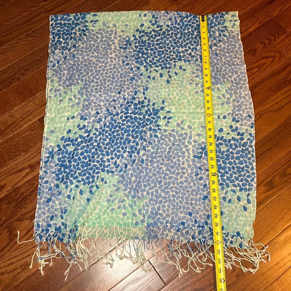 Blue and Green Leaf Pattern Scarf with Fringe